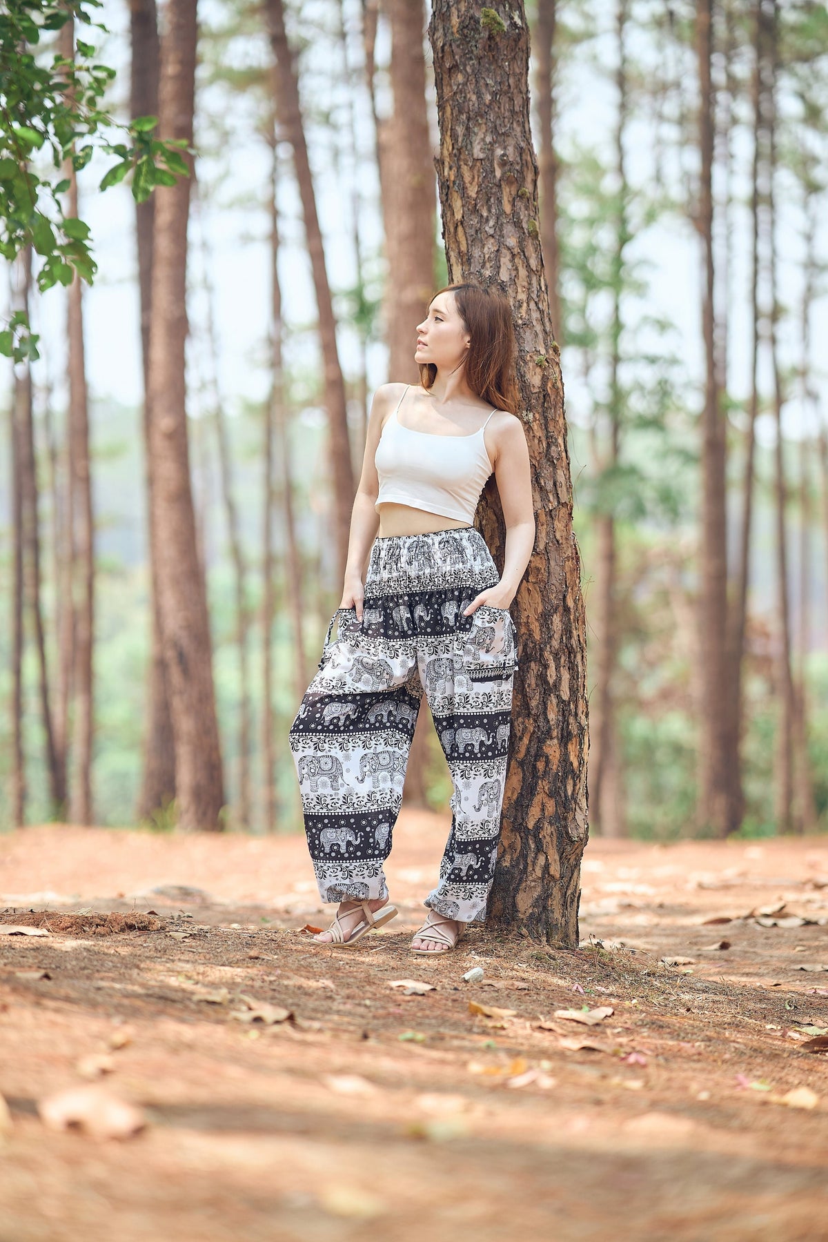 Ivory black elephant harem pants with boho print and pockets