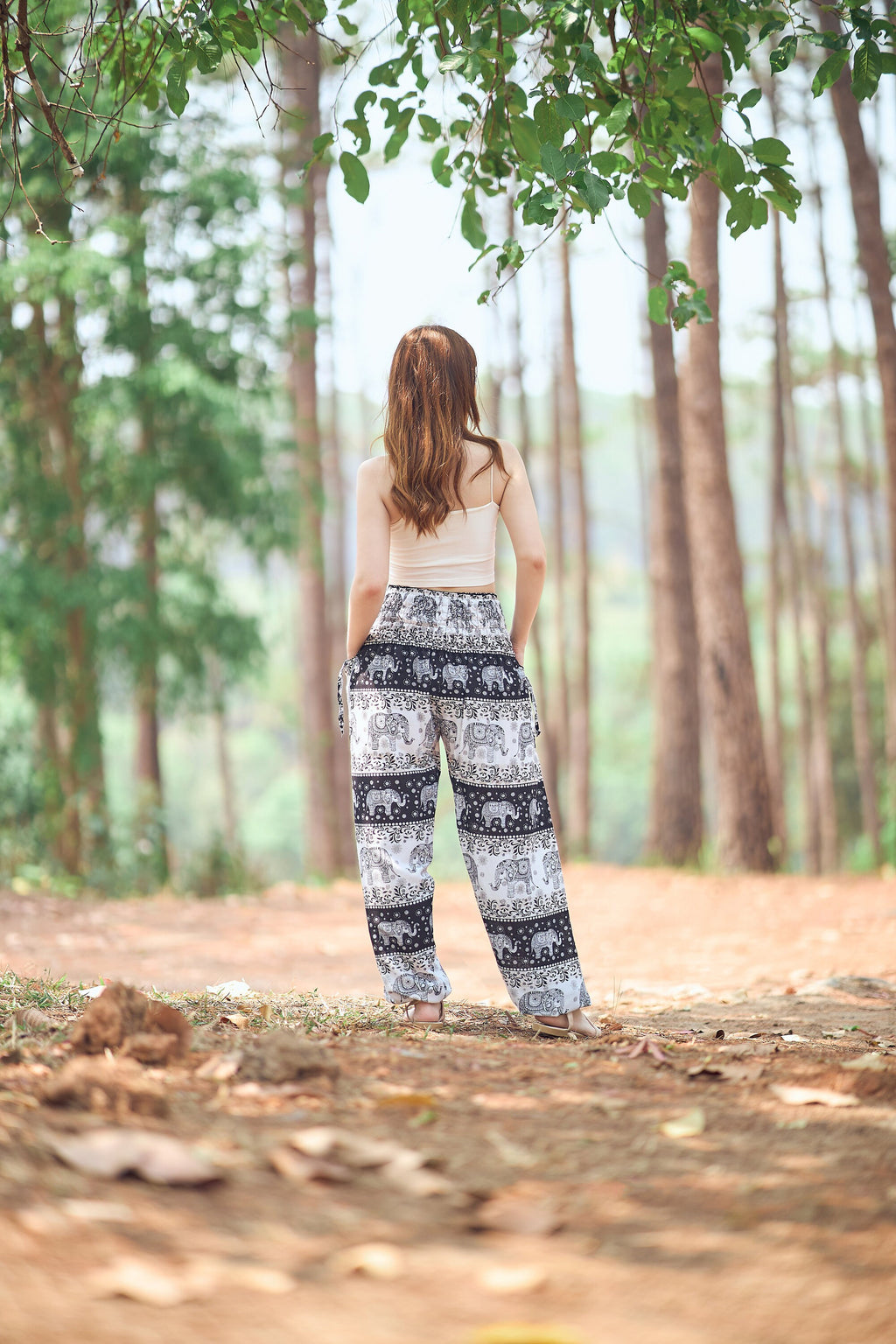 Rayon yoga trousers in ivory black elephant design for women