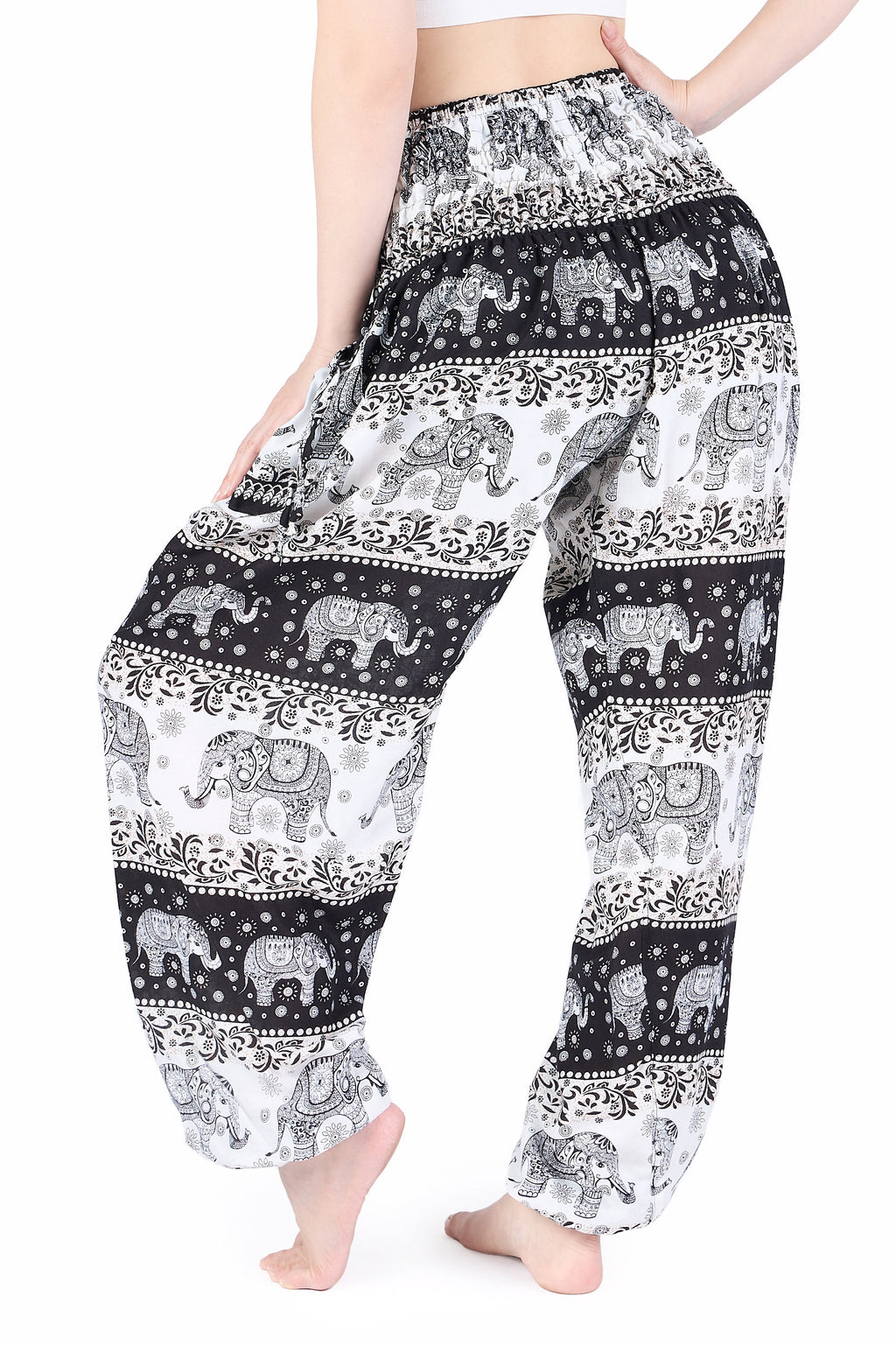 Lightweight elephant print harem pants for yoga and travel