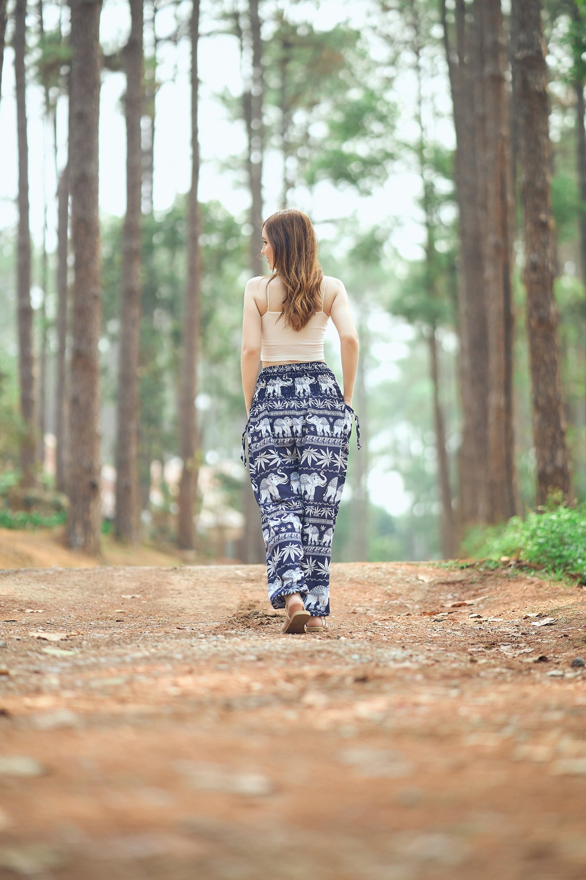 Rayon boho harem trousers in dark blue elephant print, handmade