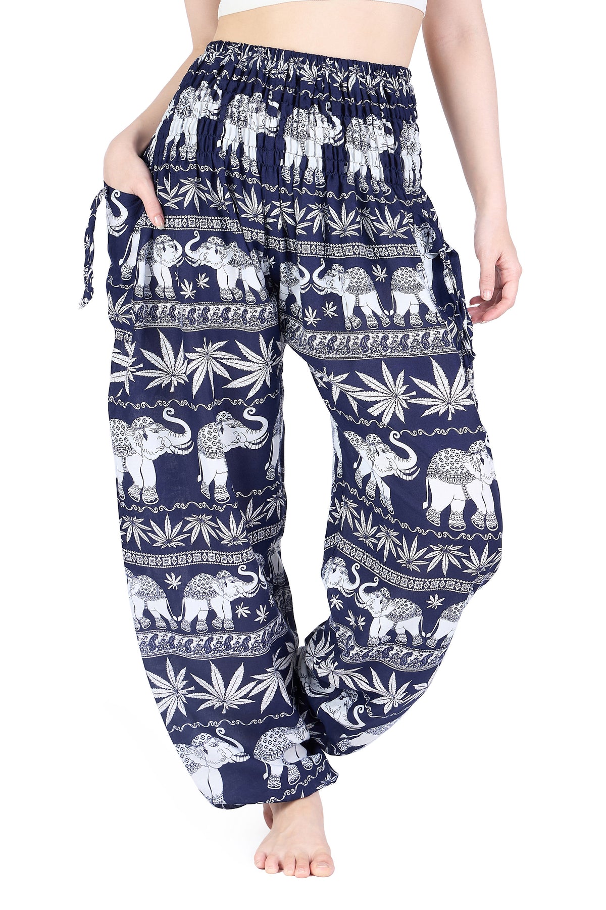 Women's dark blue elephant pants with adjustable waist and pockets