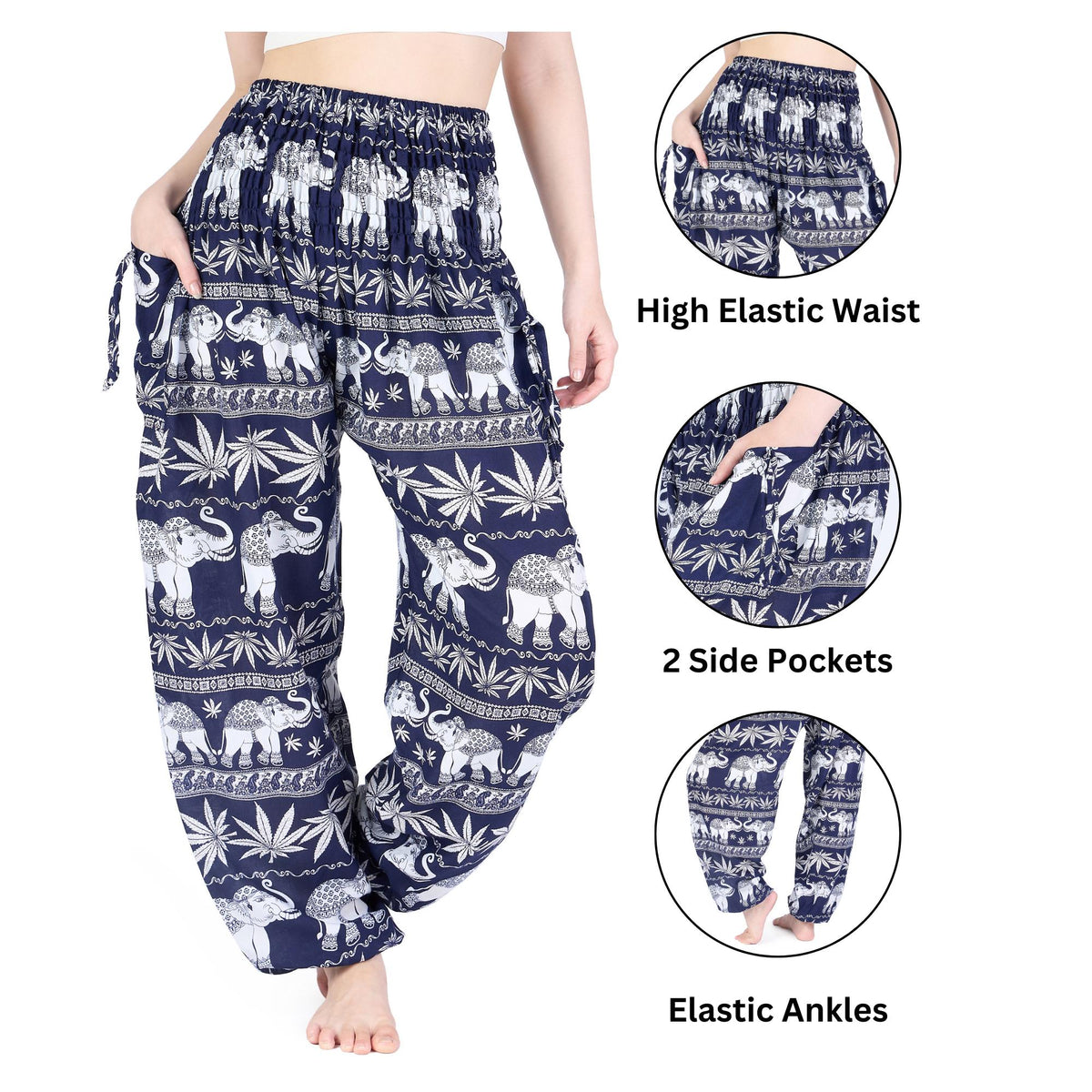 Boho lounge harem pants with elephant print, dark blue, pockets
