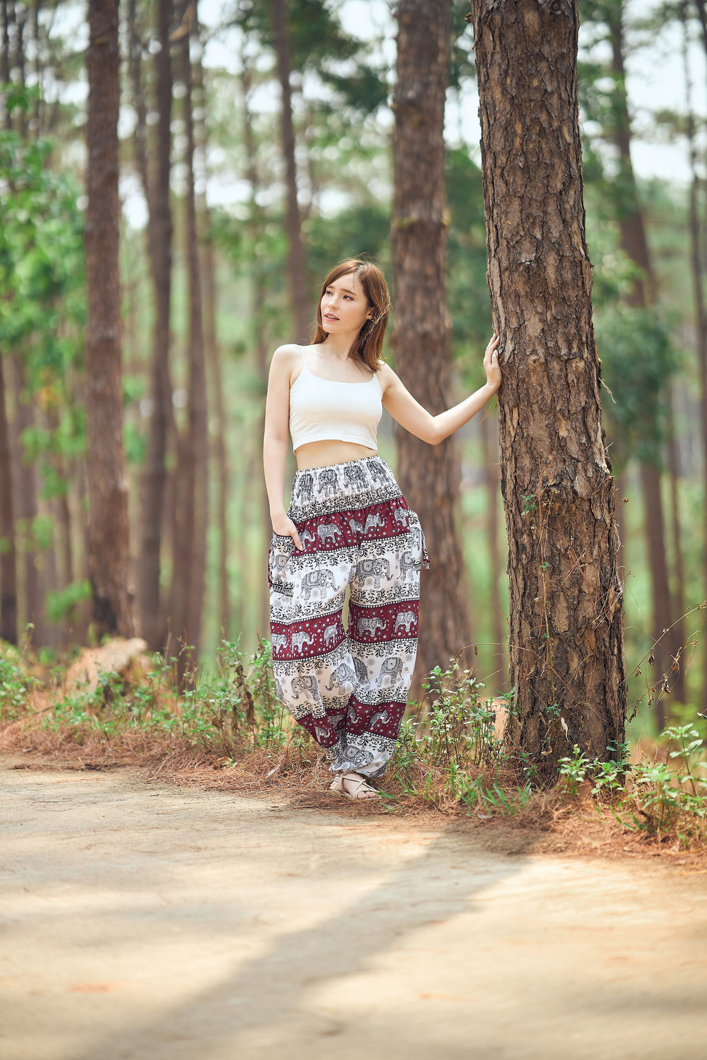 Ivory burgundy elephant harem pants with pockets, handmade rayon boho yoga trousers