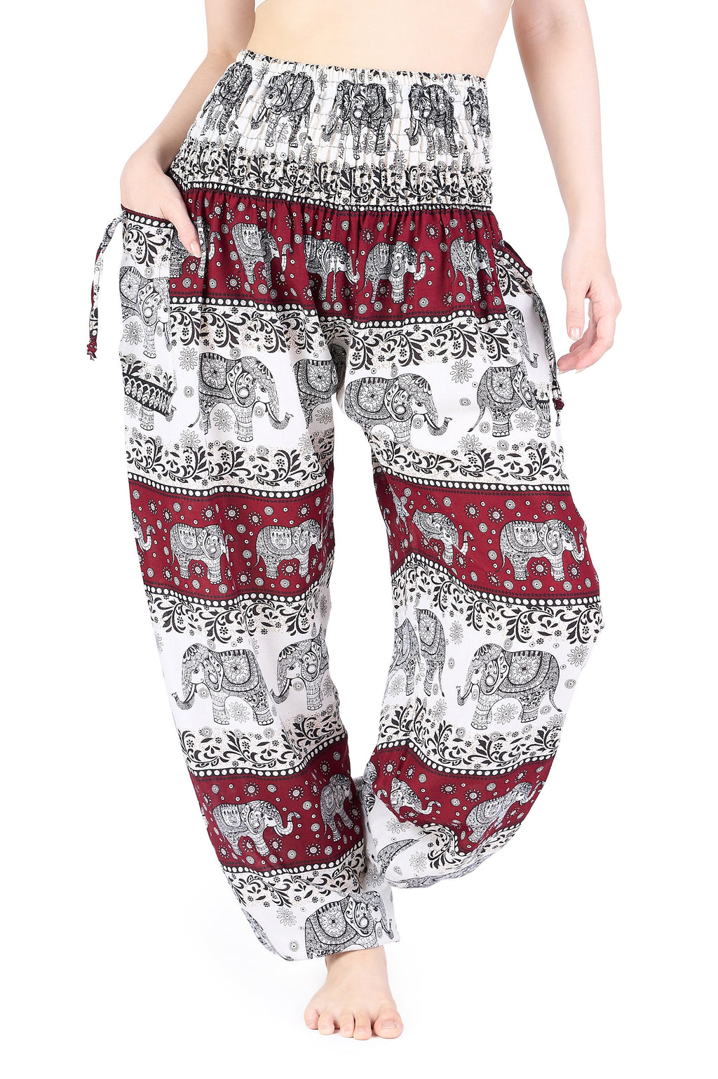 Side view of boho yoga trousers with two large pockets, ivory burgundy elephant design