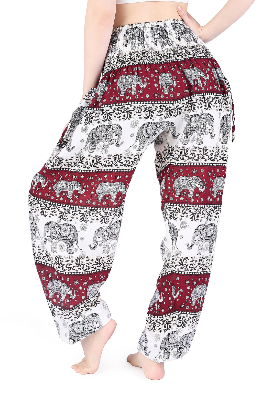 Handmade rayon harem pants in ivory burgundy, adjustable waist and lightweight feel