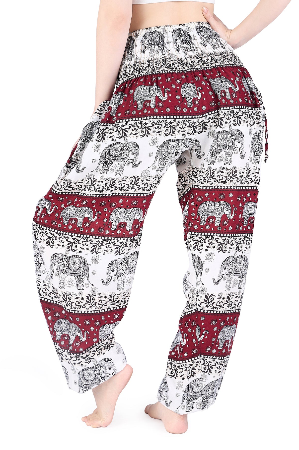 Handmade rayon harem pants in ivory burgundy, adjustable waist and lightweight feel