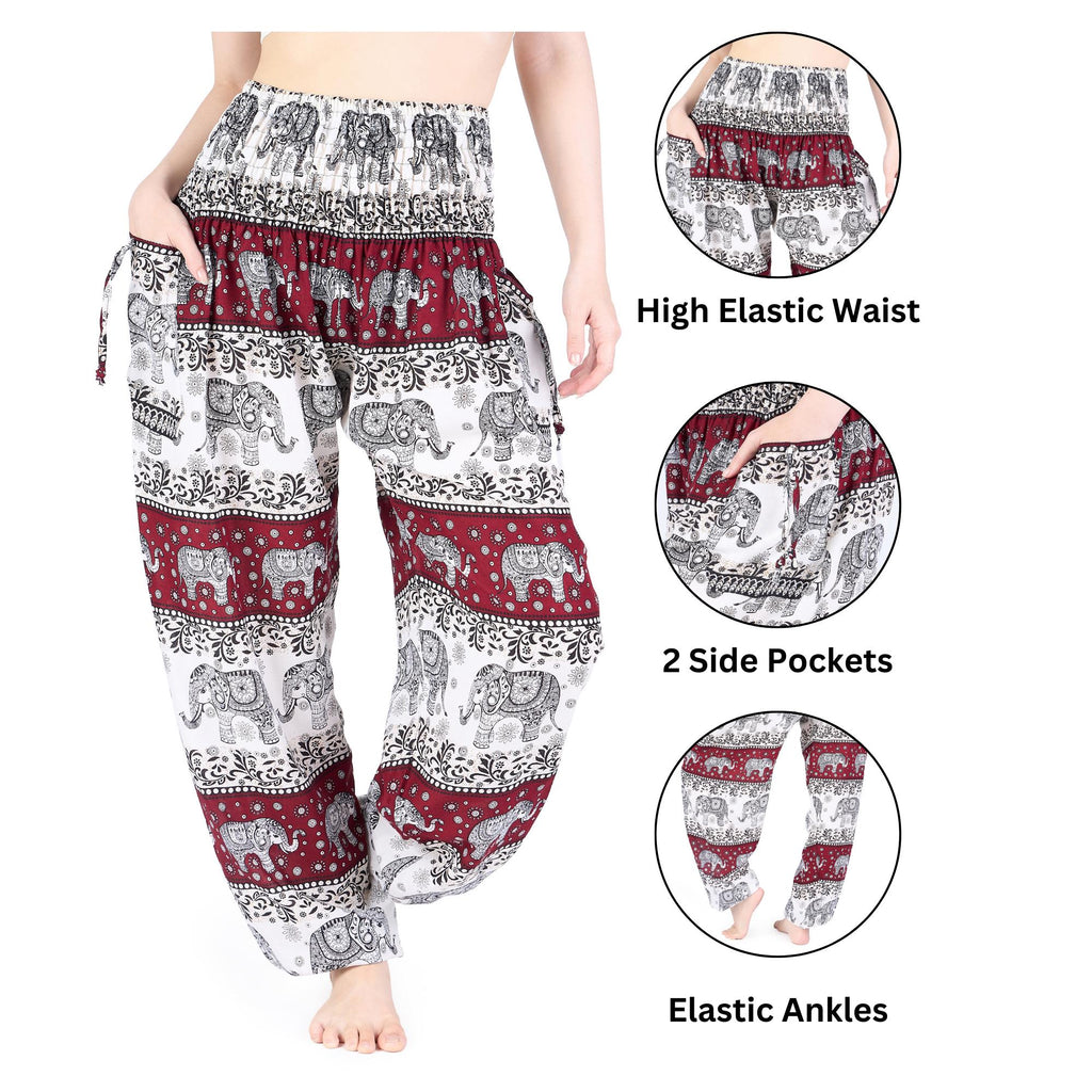 Boho yoga trousers in ivory burgundy elephant print, perfect for travel and relaxation