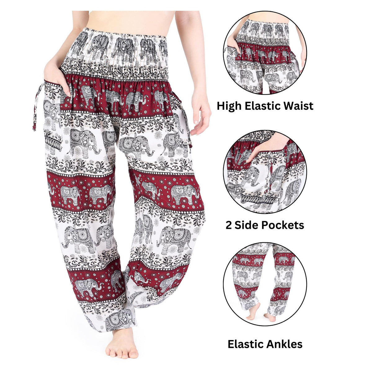 Boho yoga trousers in ivory burgundy elephant print, perfect for travel and relaxation