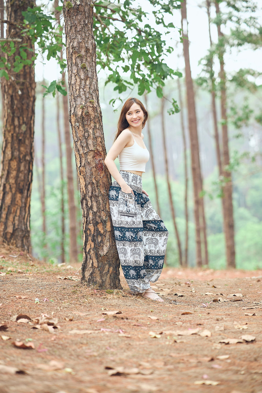 Ivory green elephant harem pants with bohemian print and two pockets