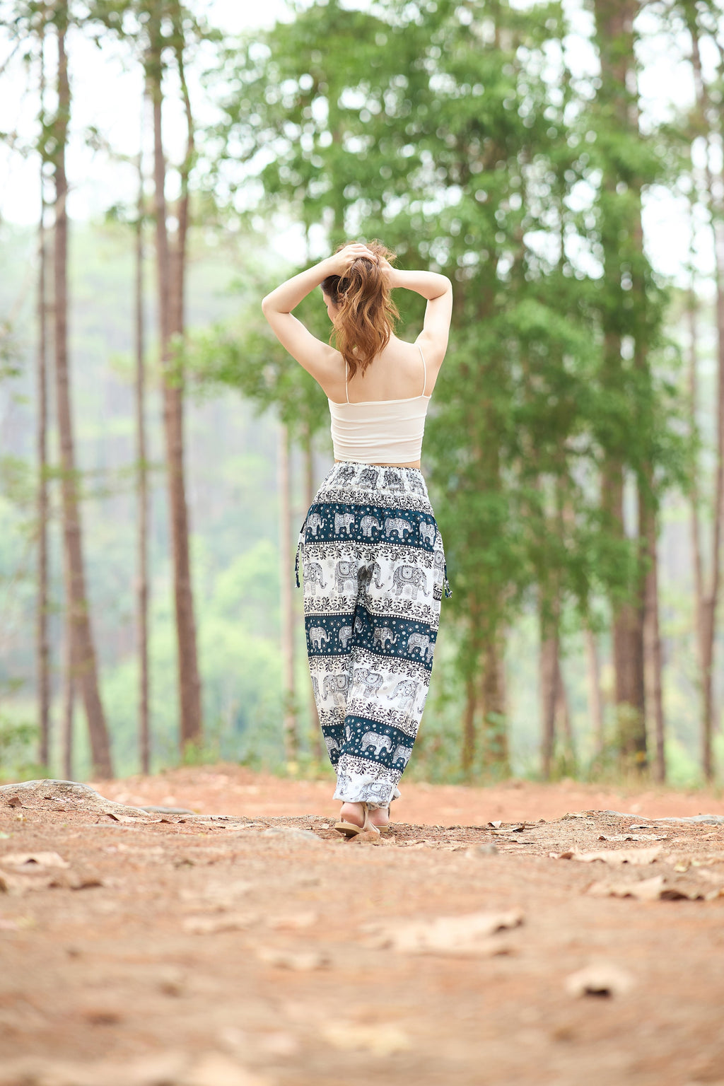 Boho rayon yoga trousers in ivory green featuring elephant pattern