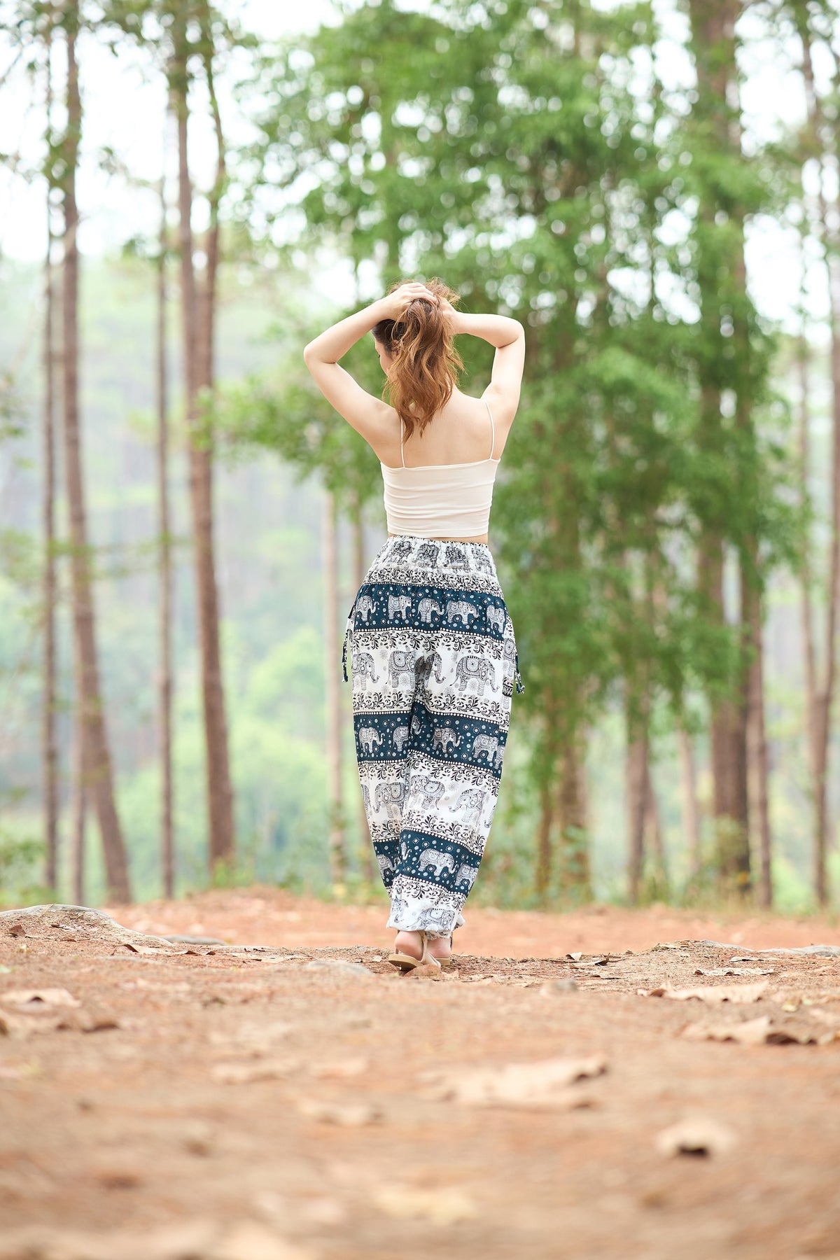 Boho rayon yoga trousers in ivory green featuring elephant pattern