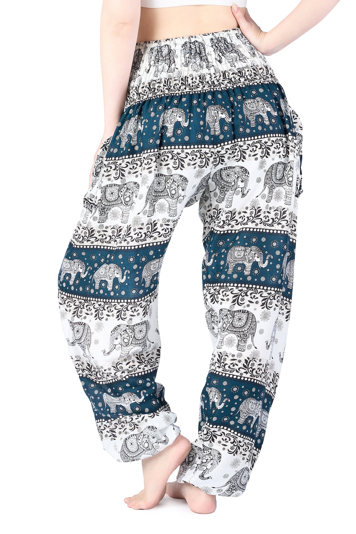 Handmade ivory green elephant harem pants for yoga and relaxation