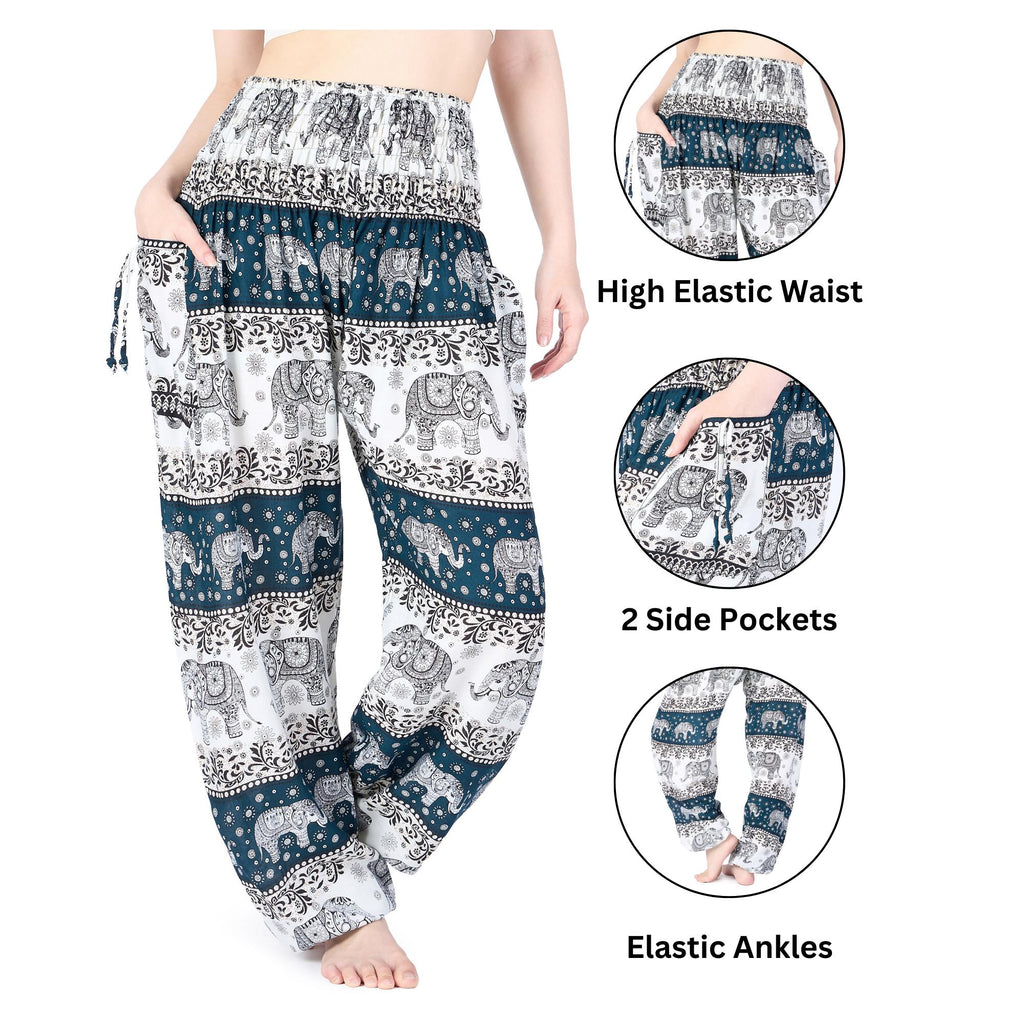 Tribal elephant print harem pants in ivory green with pockets
