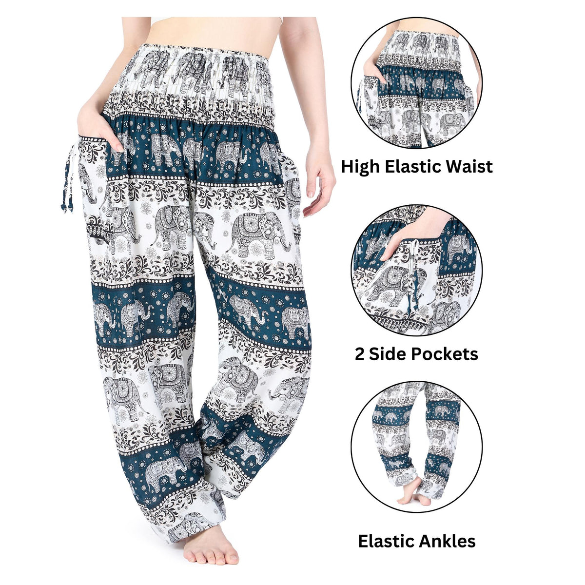 Tribal elephant print harem pants in ivory green with pockets