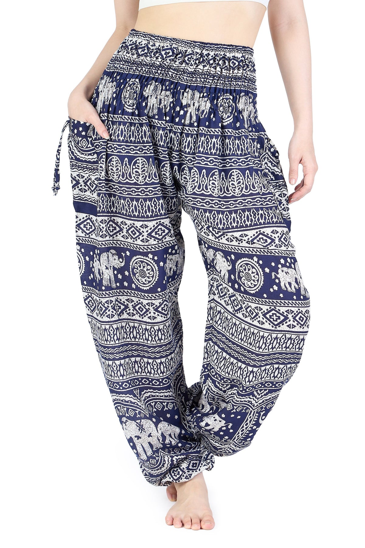 Hippie style harem pants with elastic waistband and pockets