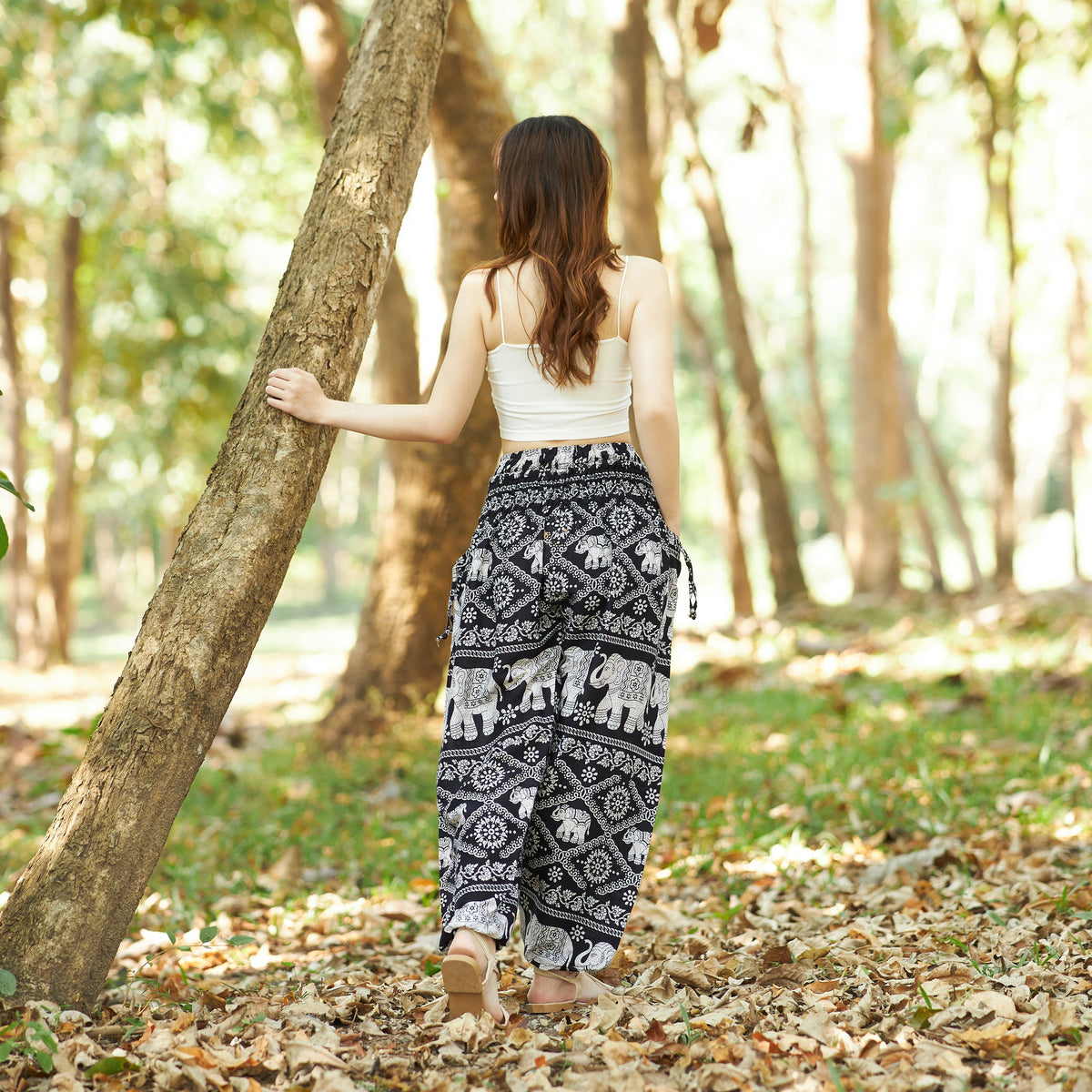 Hippie fall fashion pants for women featuring elephant design