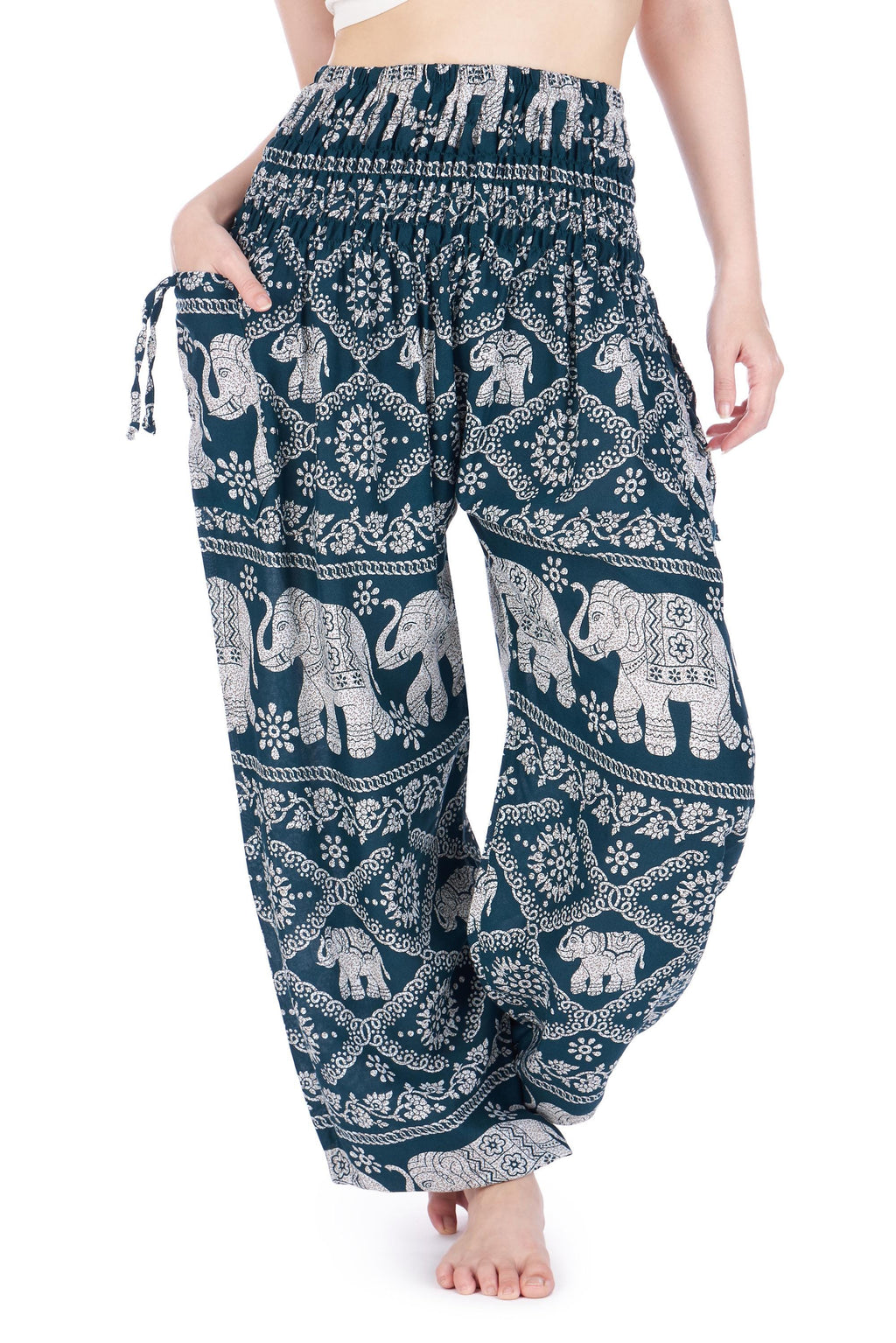 Women's tribal elephant print pants with elastic smocked waist