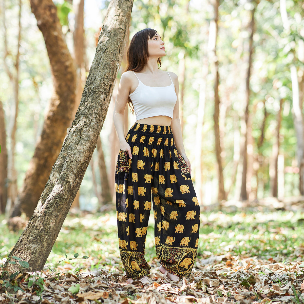 Black elephant print harem pants with boho style and pockets