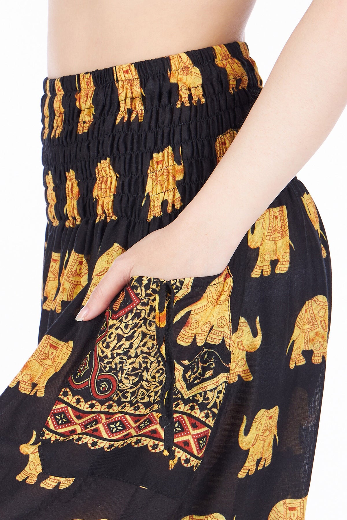 Women's festival pants in black elephant print, lightweight