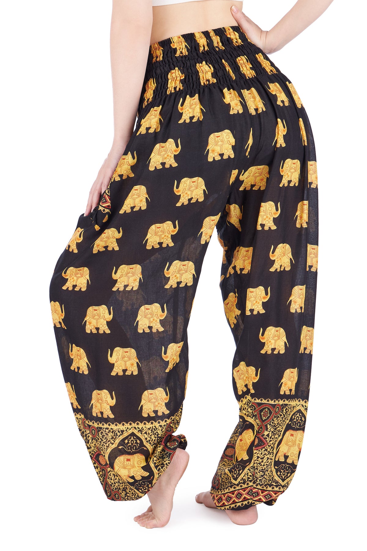 Black printed elephant harem pants with adjustable waist