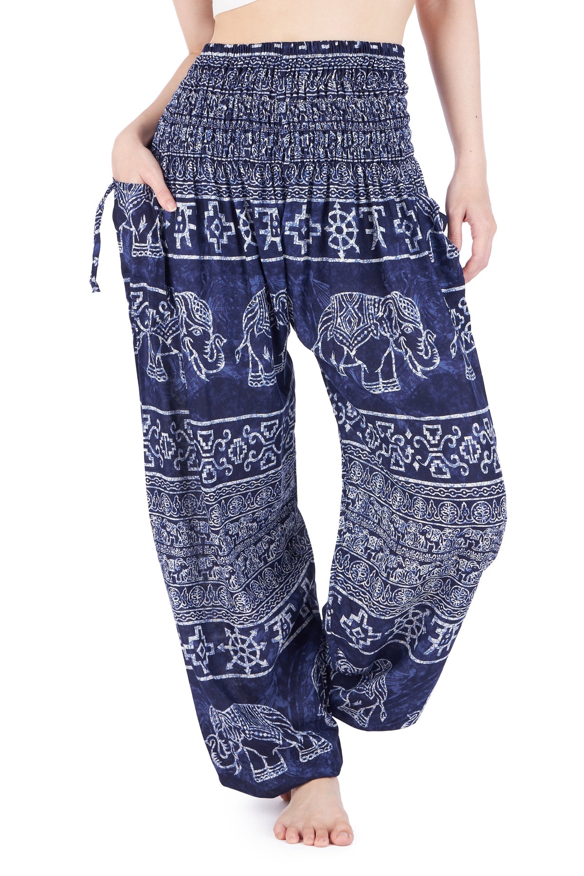 Rayon boho yoga lounge trousers in dark blue elephant pattern