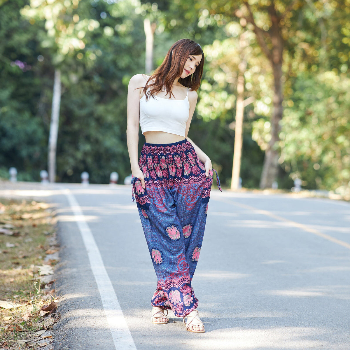 Dark blue elephant print harem pants handmade from soft rayon