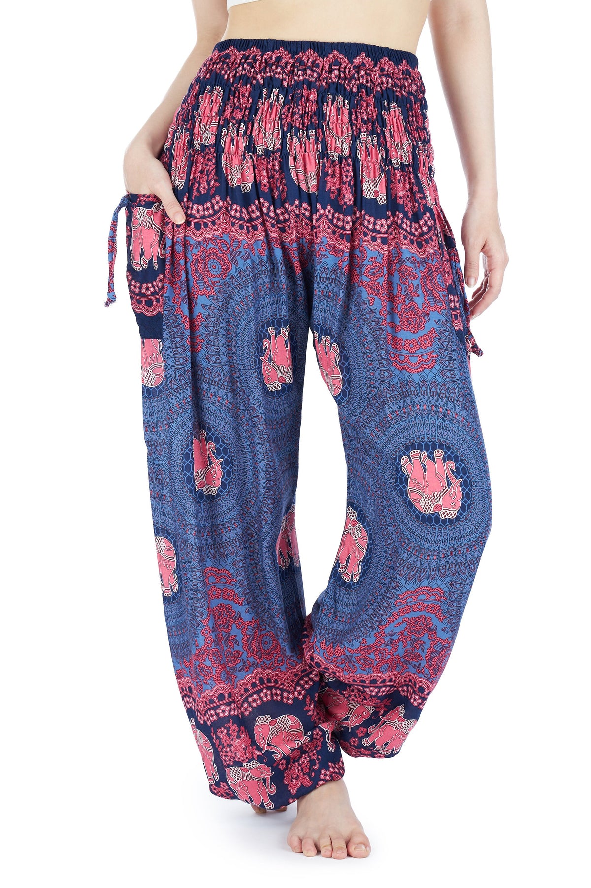 Boho yoga lounge pants with elephant print and two pockets