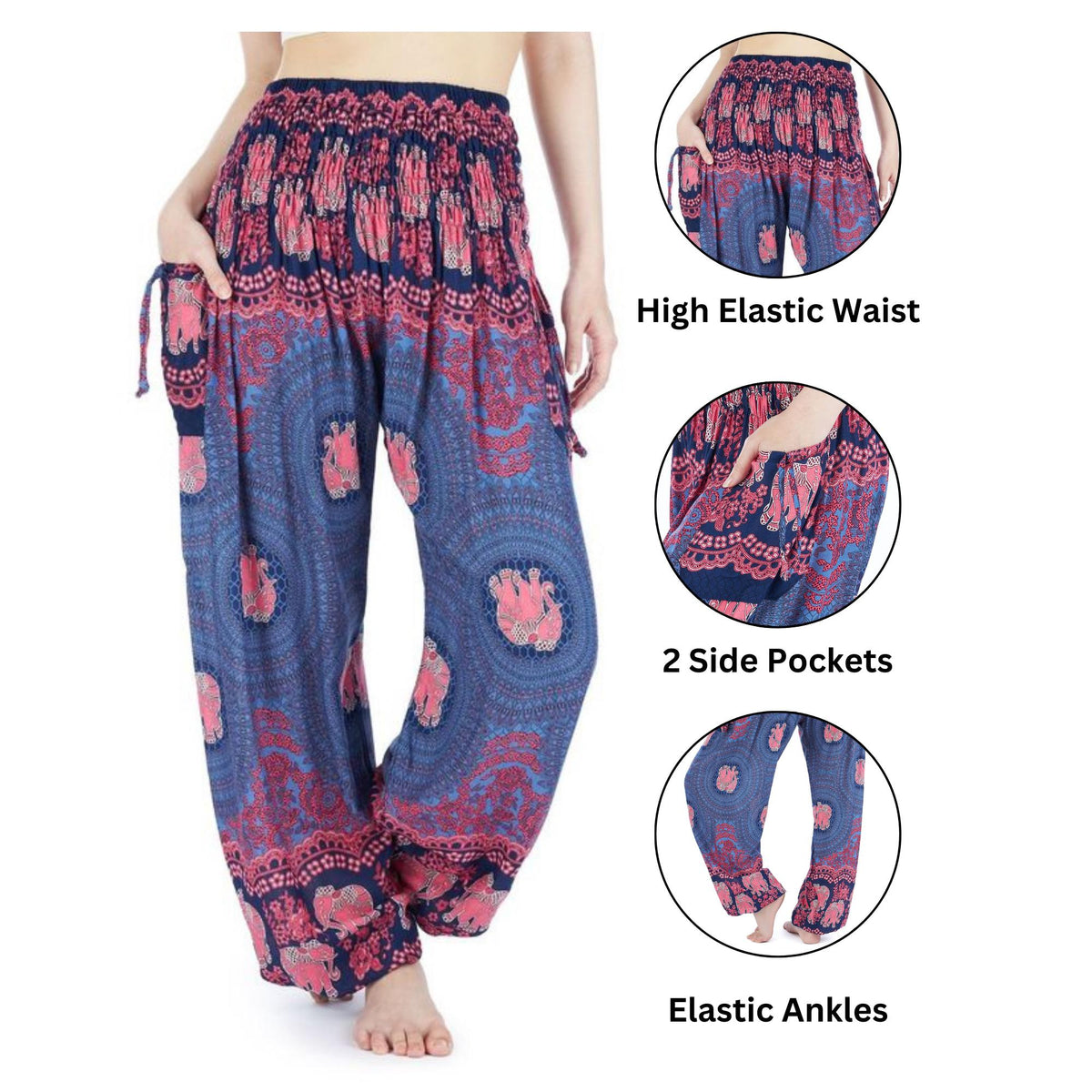 Comfortable dark blue harem yoga pants with elephant design