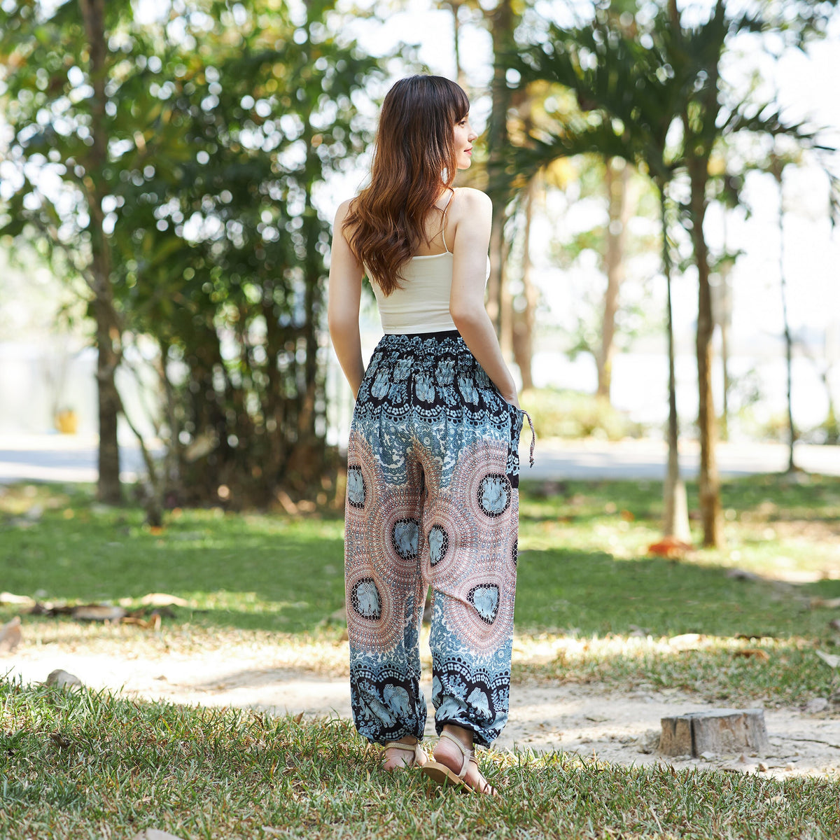 Handmade elephant print harem trousers for women, soft lightweight rayon