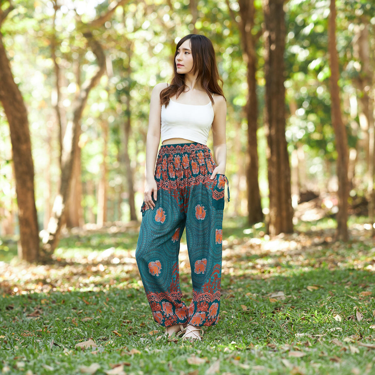 Teal elephant print harem pants in soft rayon fabric for boho yoga