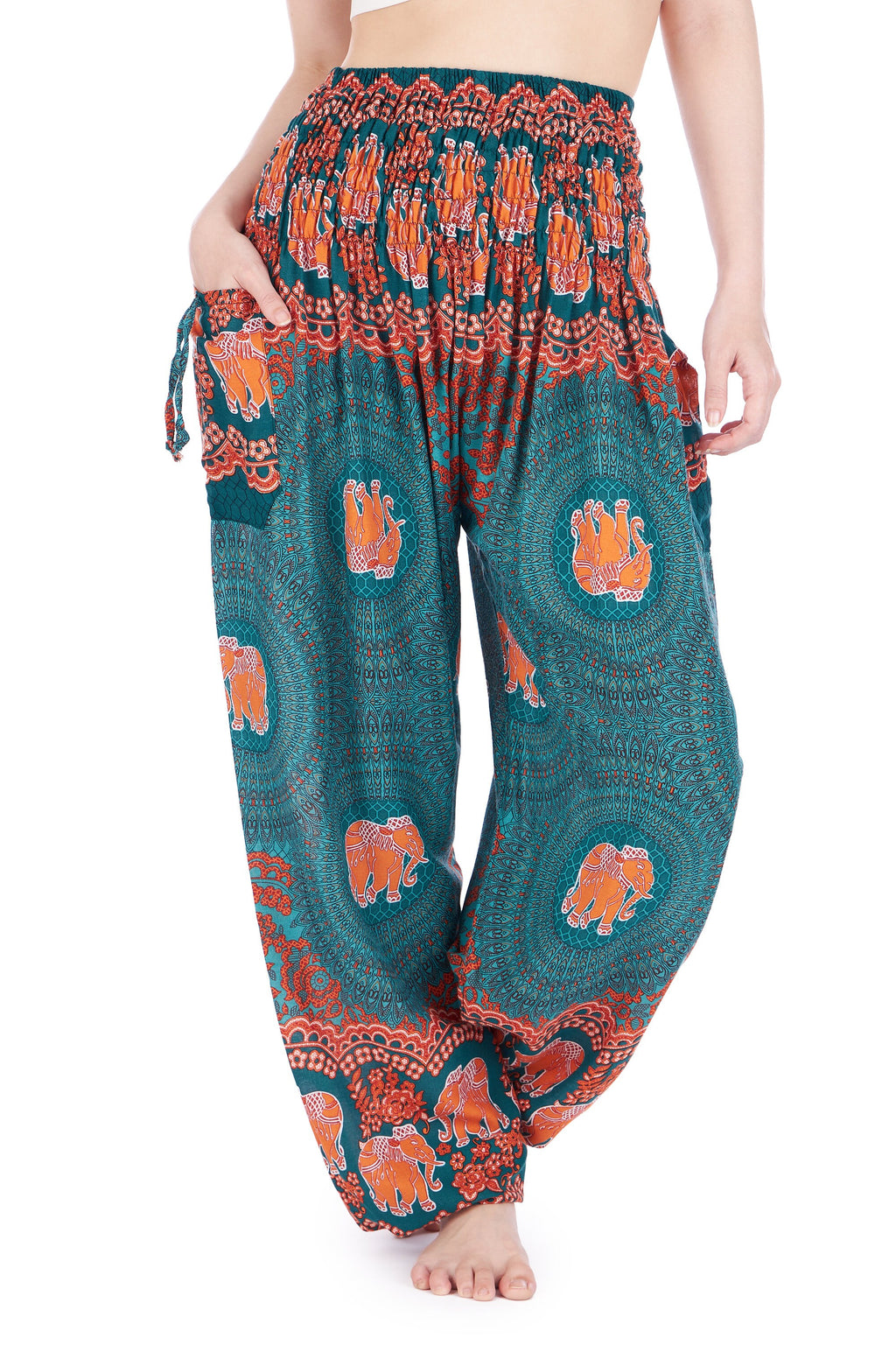 Boho rayon harem yoga pants with teal elephant print and pockets