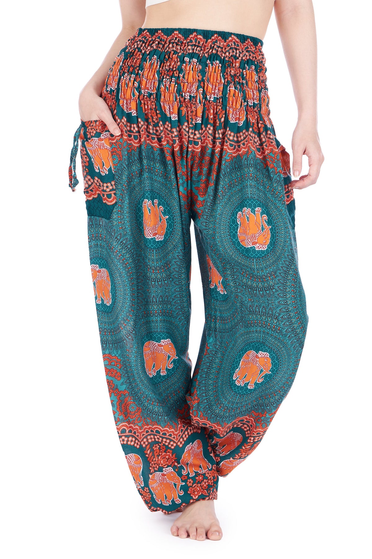 Boho rayon harem yoga pants with teal elephant print and pockets
