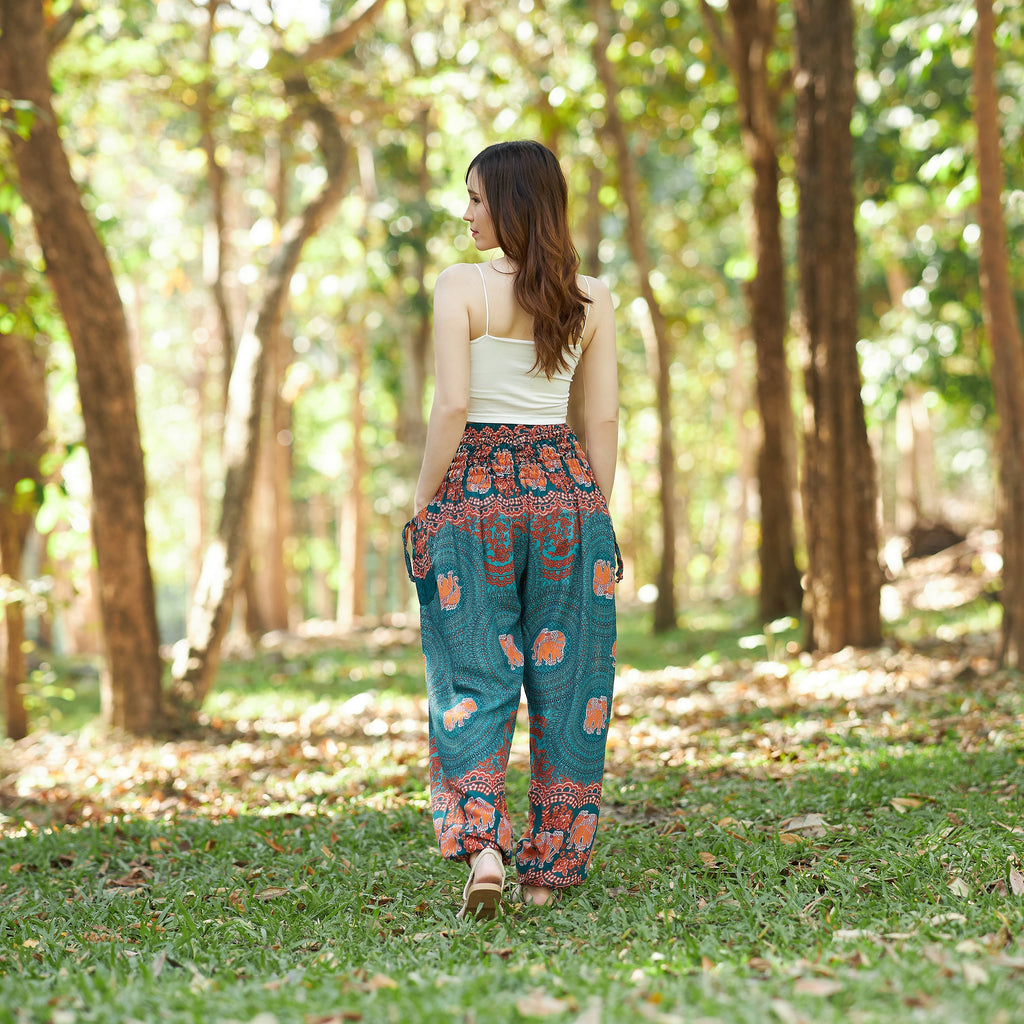 Handmade teal elephant harem trousers for women, lightweight and comfortable