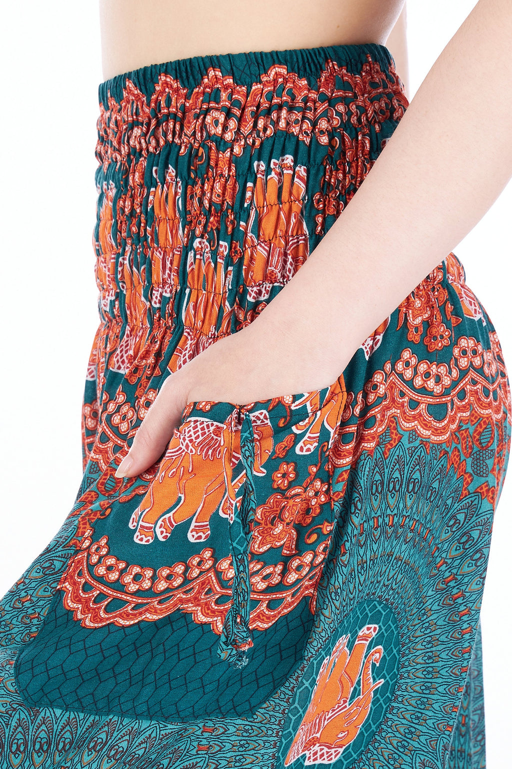 Teal boho elephant print lounge pants with adjustable waist and pockets