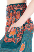 Teal boho elephant print lounge pants with adjustable waist and pockets