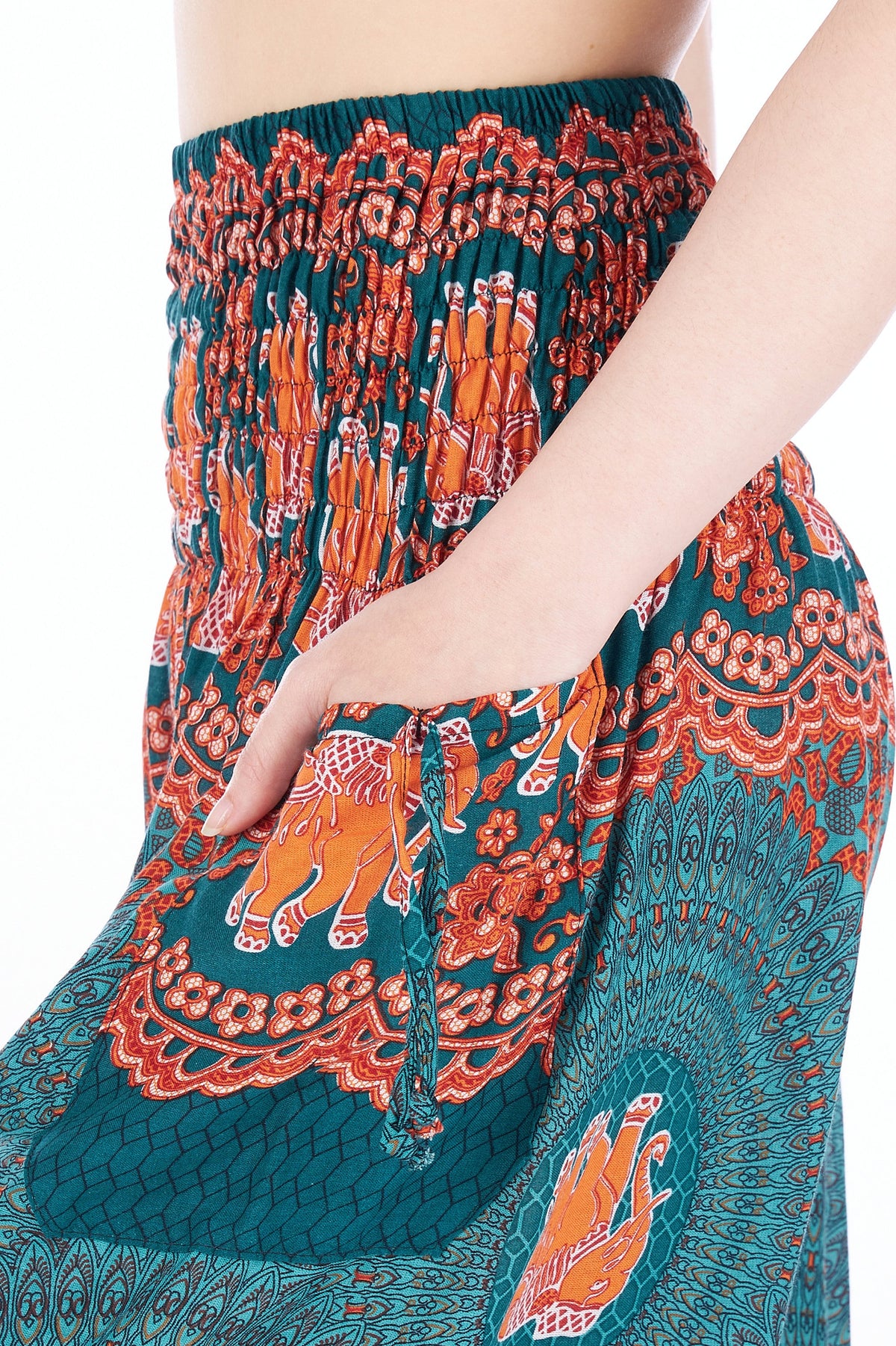 Teal boho elephant print lounge pants with adjustable waist and pockets