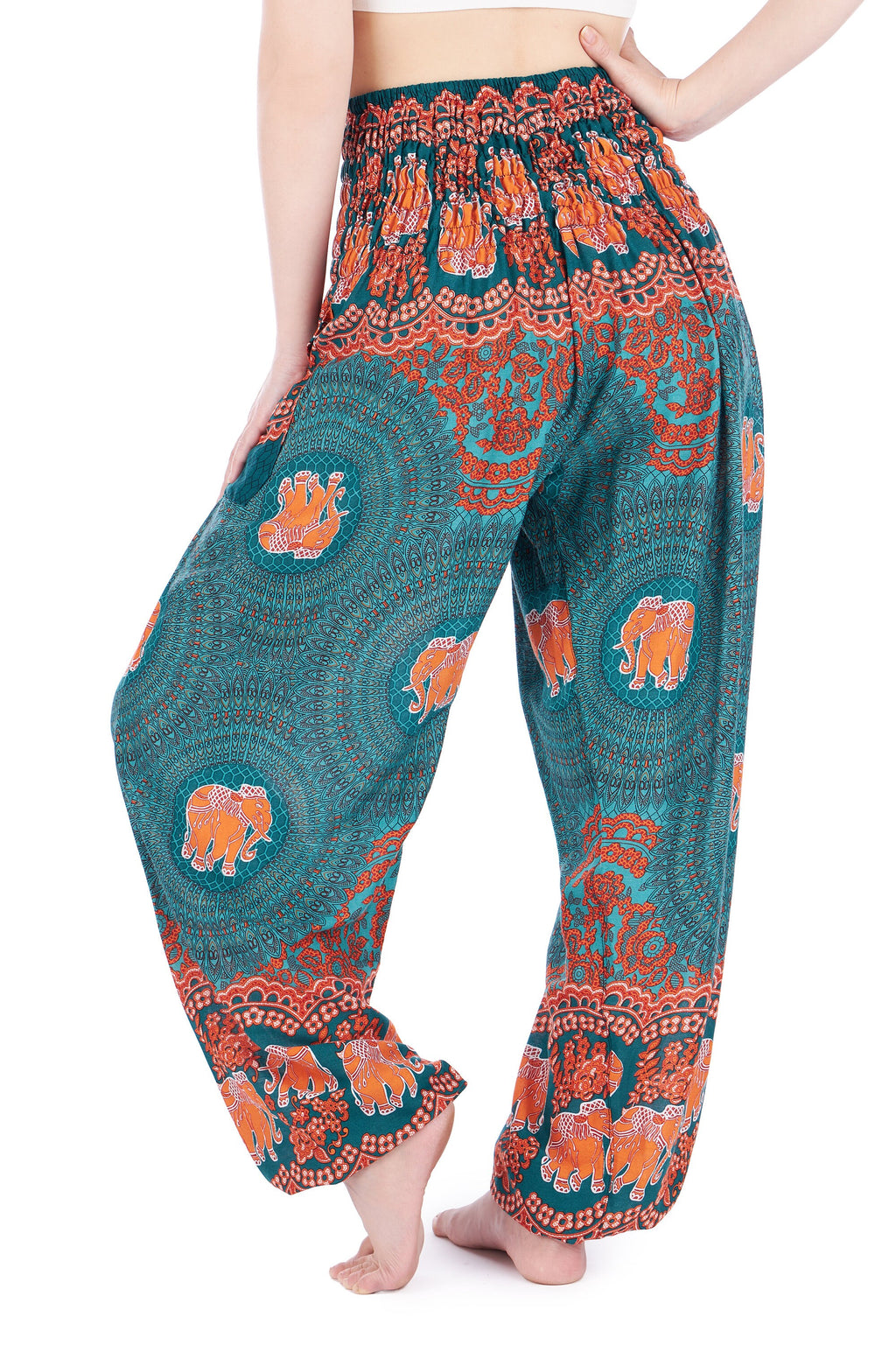 Tribal women teal elephant print pants, handmade boho style