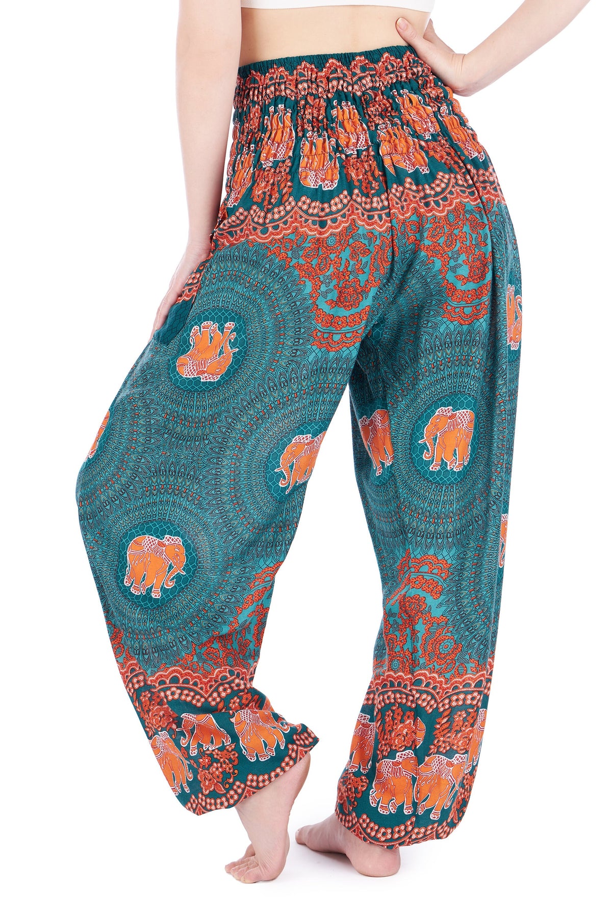 Tribal women teal elephant print pants, handmade boho style