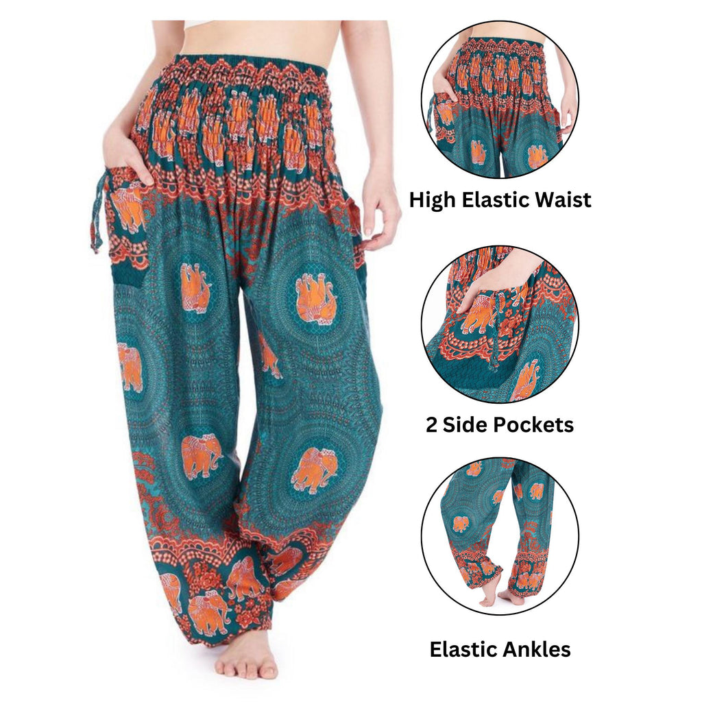 Teal elephant harem yoga trousers with two spacious pockets