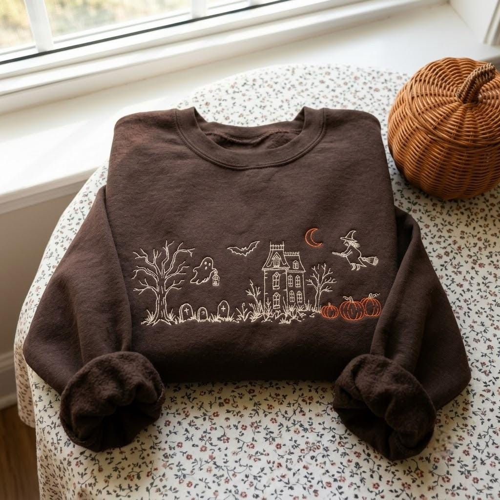 Embroidered Haunted Manor Sweatshirt with vintage line art design