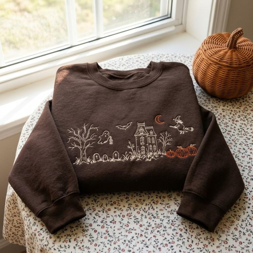 Gothic Autumn Pullover featuring stitched haunted manor graphic