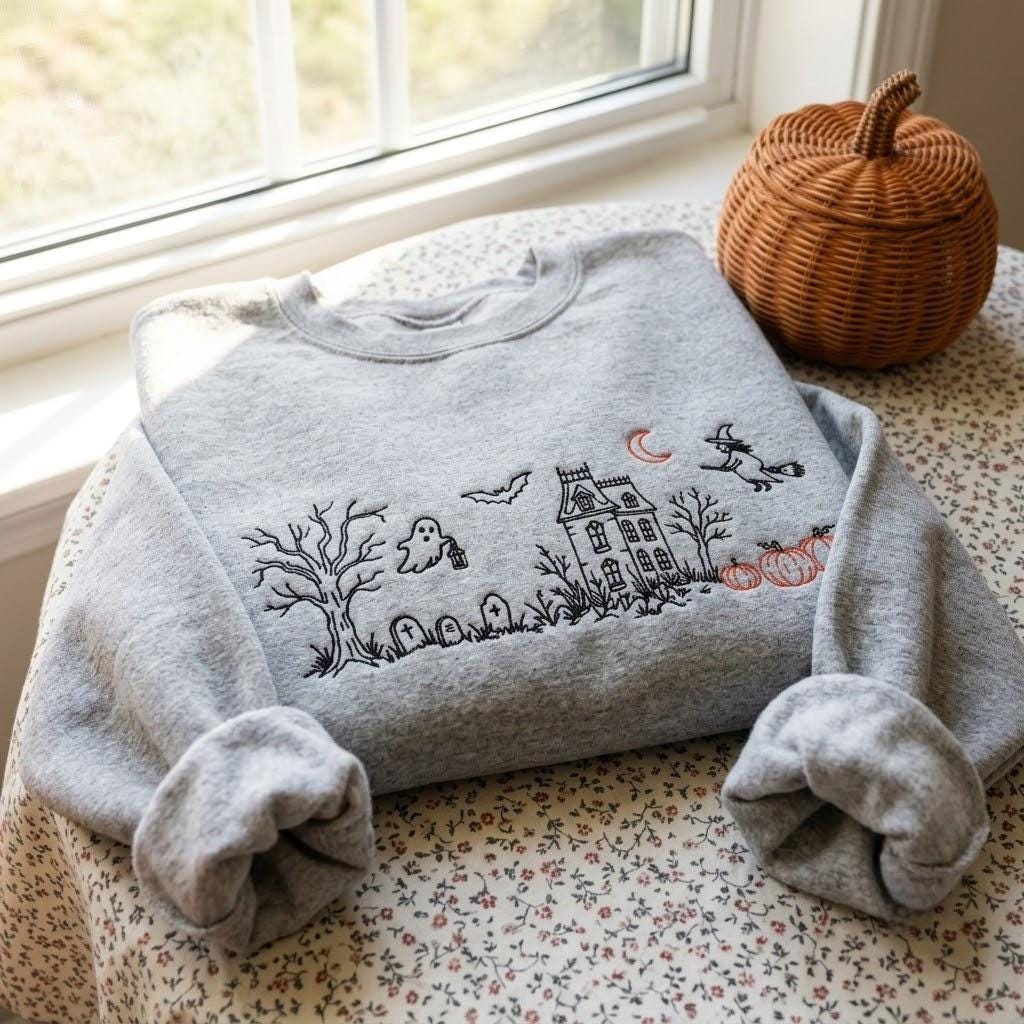 Spooky elegance Halloween sweatshirt with detailed embroidery