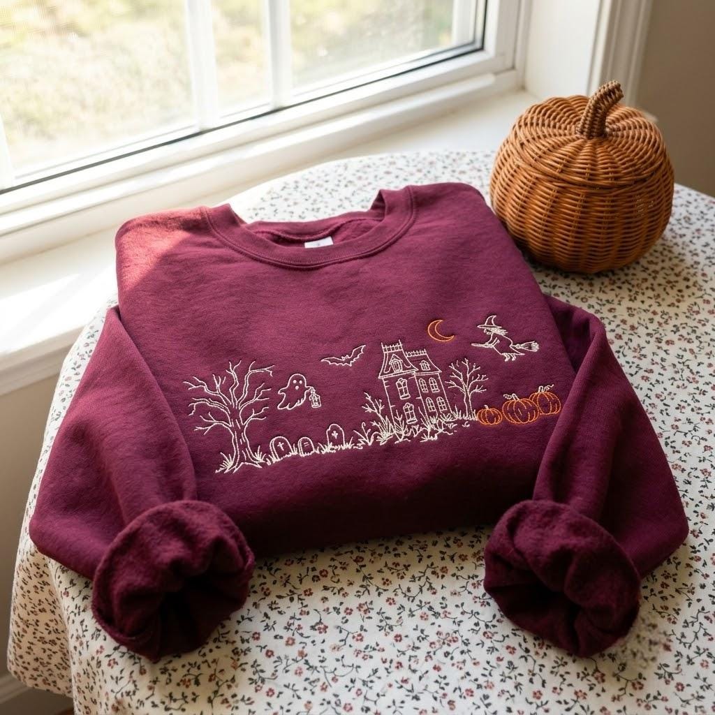 Horror lover gift embroidered sweatshirt in pigment-dyed fabric