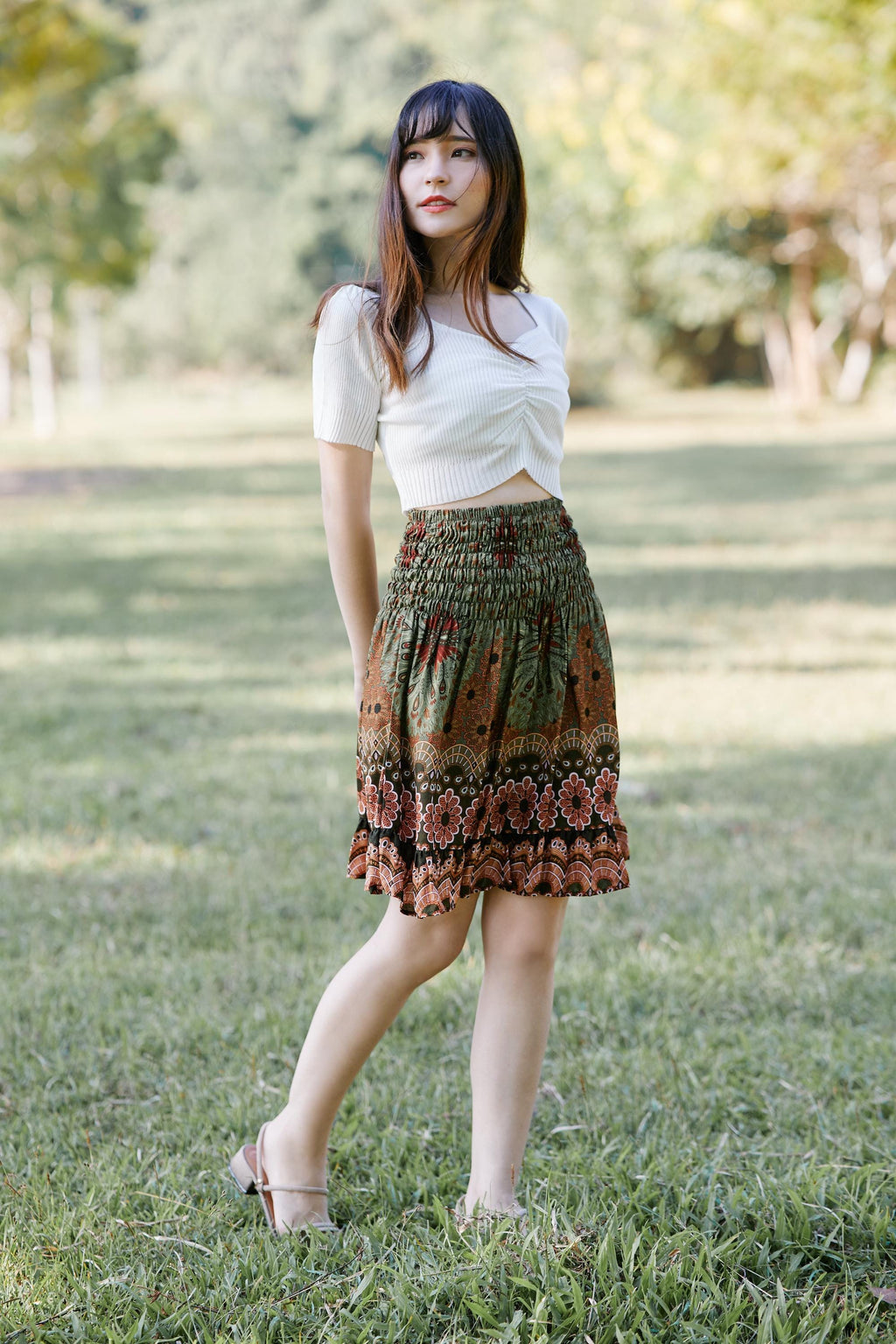 Dark blue floral print skater skirt for women