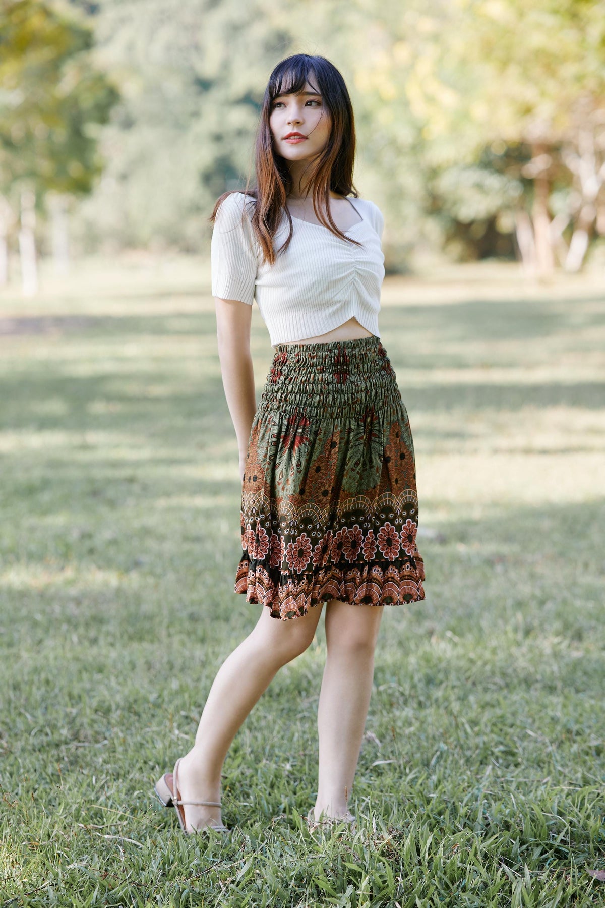 Dark blue floral print skater skirt for women