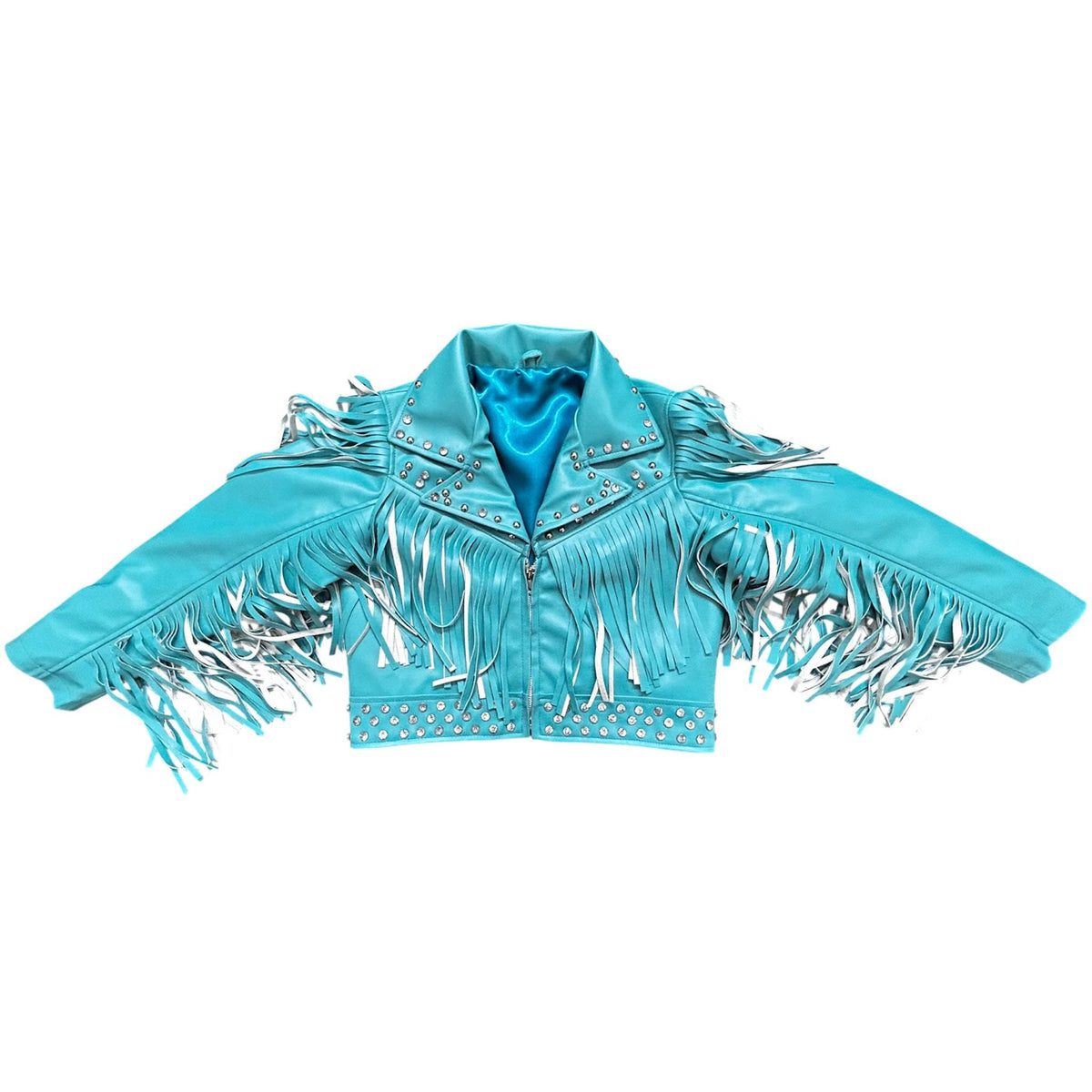 Turquoise studded western jacket and fringe pants two-piece set
