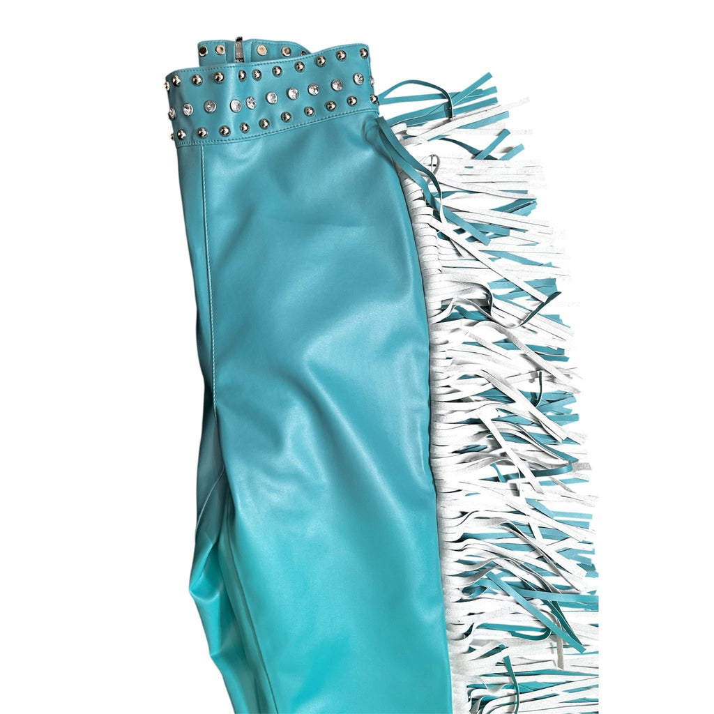 High-waisted fringe pants with stud accents for Nashville trips