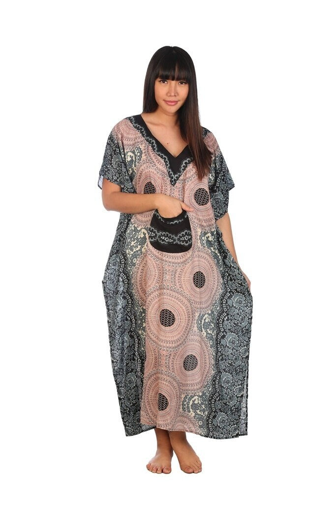Floral rayon kaftan dress with V-neck and front pocket for boho beach style