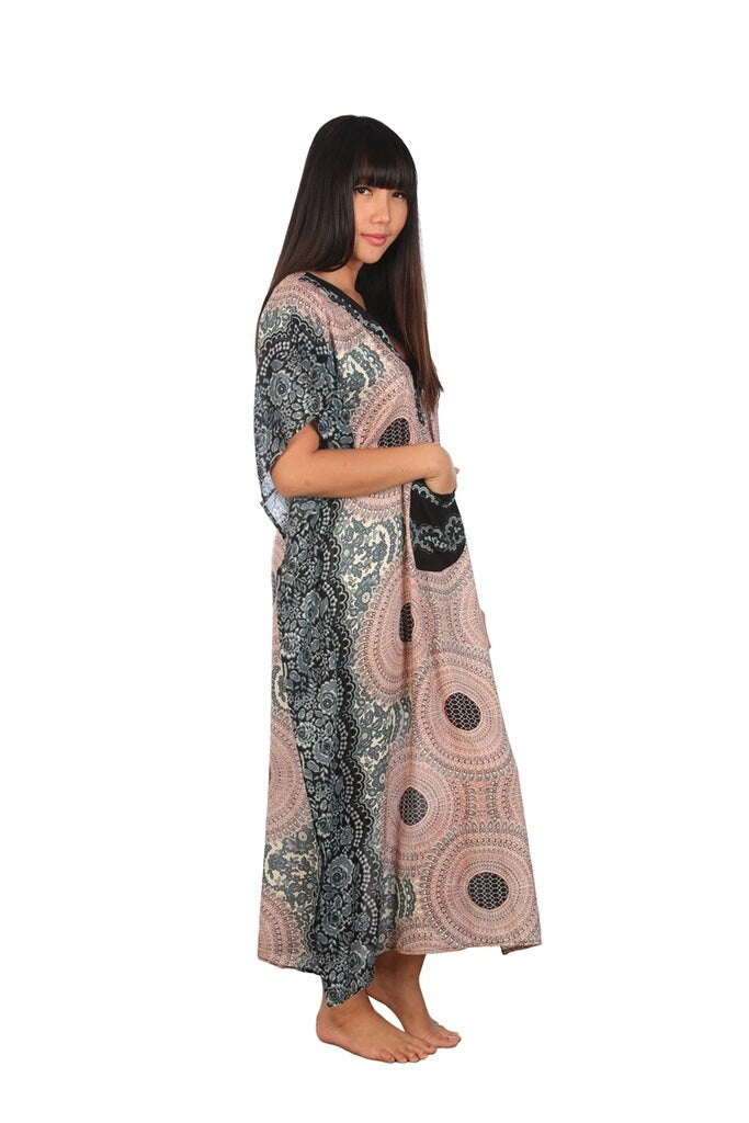 Black and white printed rayon kaftan cover-up handmade for women US 2-14