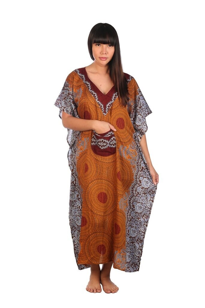 Brown floral rayon kaftan dress with V-neck and front pocket, boho beach cover-up